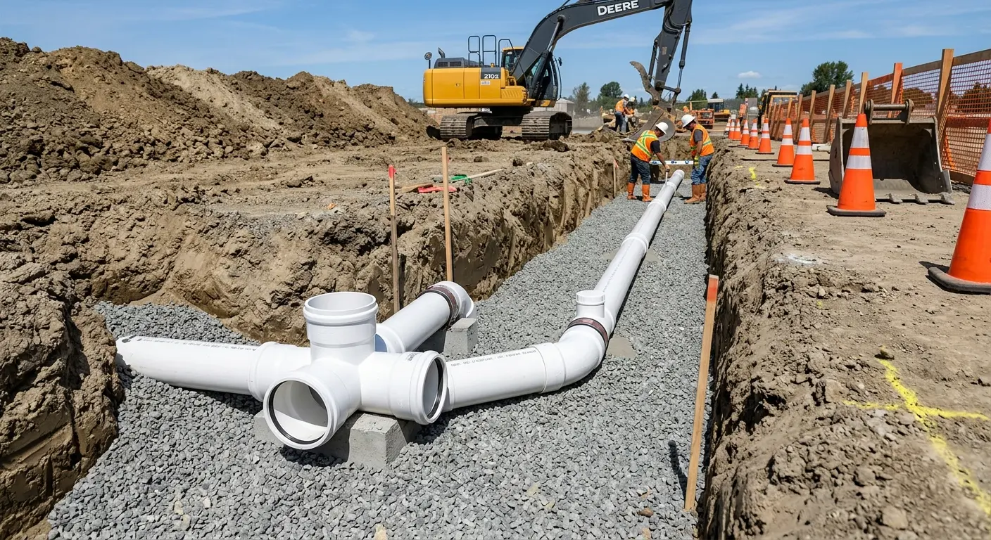 New PVC sewer pipe installation in open trench for Sewer Backup in Texarkana