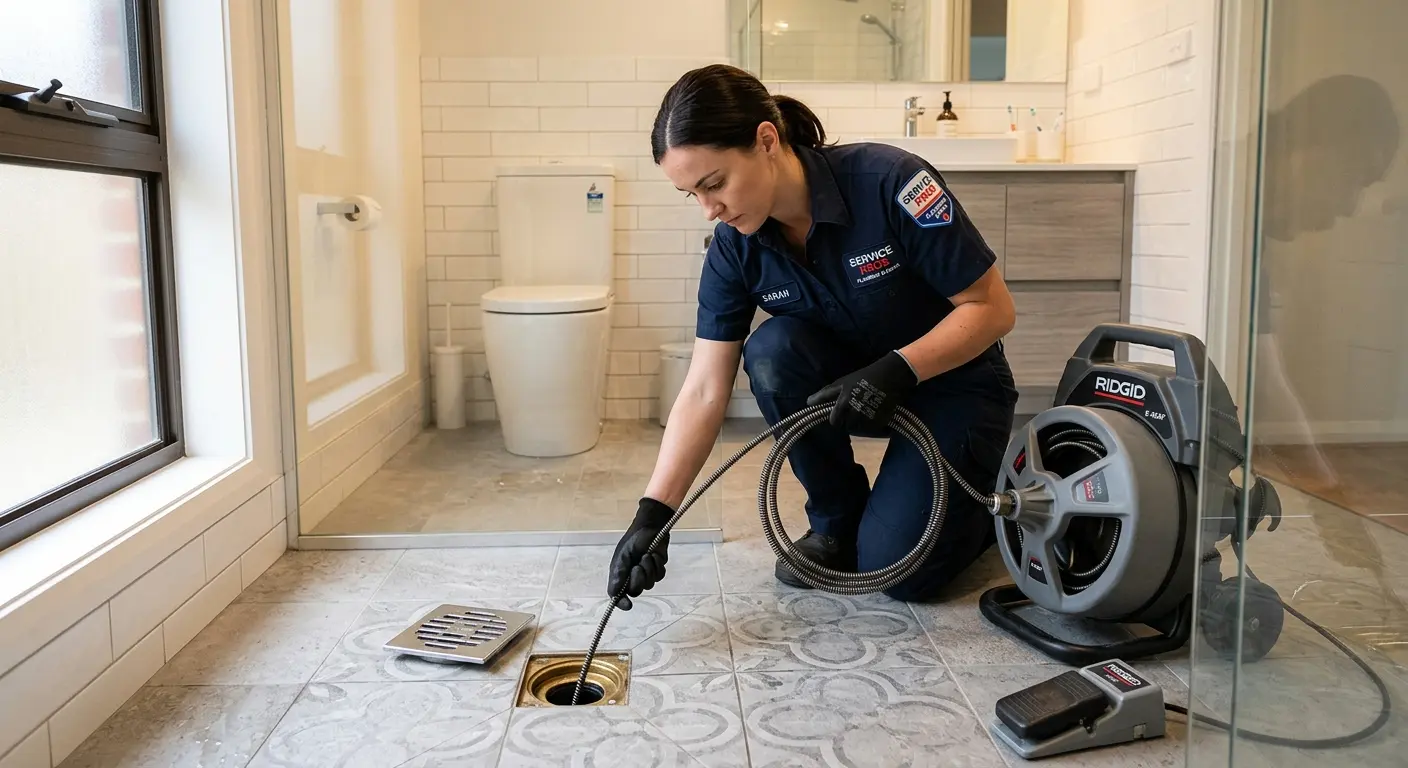 Technician clearing a bathroom floor drain for Hydro Jetting in Texarkana